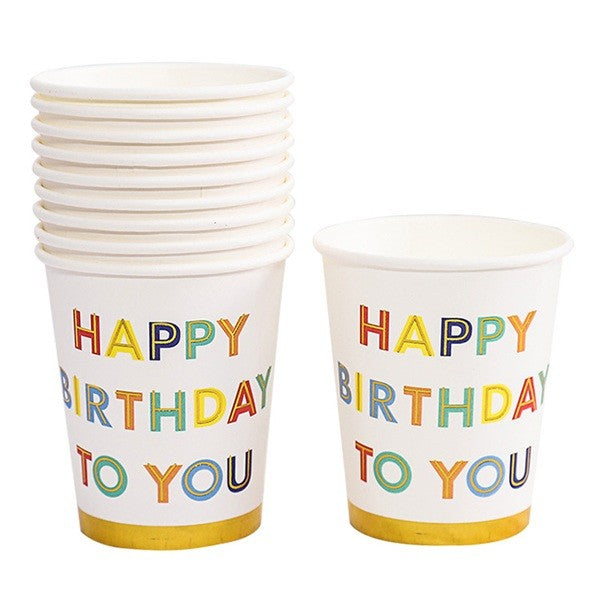 Set 10 Pahare, Vivimall, Imprimeu Happy Birthday to You, din Carton, 250 ml, 7.5 x 8.5 x 5.2 cm, Multicolor - vivimall.ro