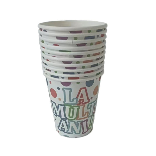 Set 10 Pahare, Vivimall, Imprimeu La Multi Ani, din Carton, 250 ml, 7 x 8.5 x 5 cm, Multicolor - vivimall.ro