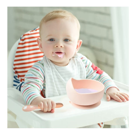 Set 10 piese diversificare bebelusi si copii din silicon Vivimall, baveta, farfurie compartimentata cu ventuza, bol cu ventuza, tacamuri din lemn si silicon, cana pentru gustari, fara alergeni, roz pal - vivimall.ro