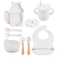 Set 10 piese diversificare bebeluși Vivimall din silicon alb și lemn natural, vedere de ansamblu cu toate componentele