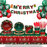 Set 119 Piese, Vivimall, pentru Masa de Craciun, Farfurii 18 cm, Farfurii 23 cm, Pahare, Servetele, Tacamuri, Fata de Masa, Ghirlanda, Paie, Rosu/Verde - vivimall.ro