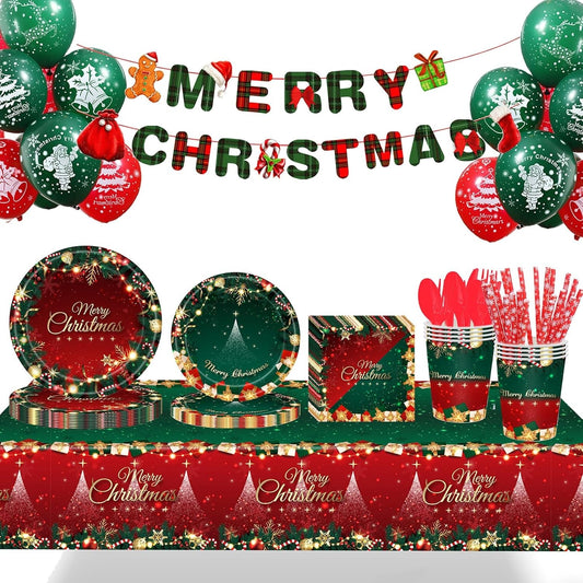 Set 119 Piese, Vivimall, pentru Masa de Craciun, Farfurii 18 cm, Farfurii 23 cm, Pahare, Servetele, Tacamuri, Fata de Masa, Ghirlanda, Paie, Rosu/Verde - vivimall.ro