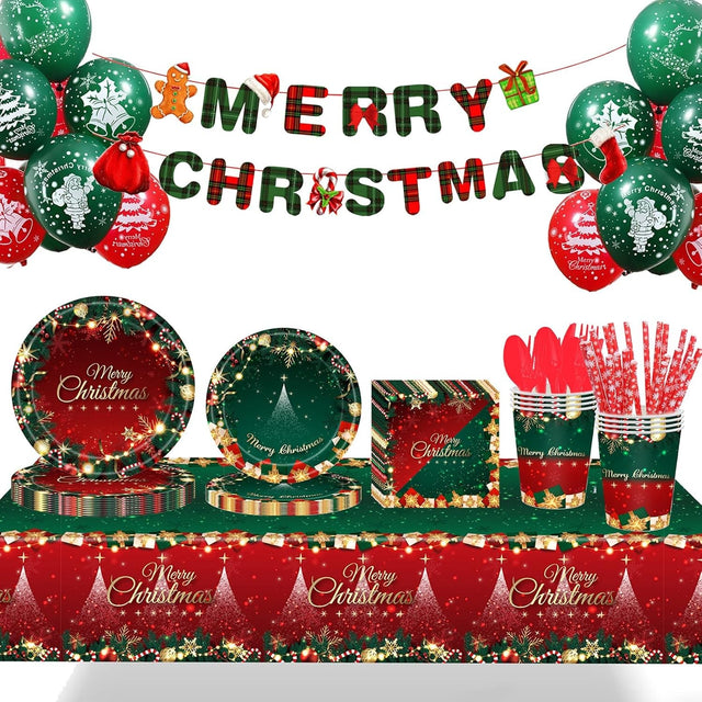 Set 119 Piese, Vivimall, pentru Masa de Craciun, Farfurii 18 cm, Farfurii 23 cm, Pahare, Servetele, Tacamuri, Fata de Masa, Ghirlanda, Paie, Rosu/Verde - vivimall.ro