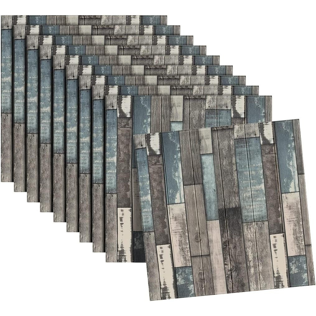 Set 10 Placi Tapet 3D, 70 X 70 Cm, Grosime 3 Mm, Din Rasina, Tip Placi De Lemn, Suprafata Acoperita 4.9 Mp, Gri/Albastru - vivimall.ro
