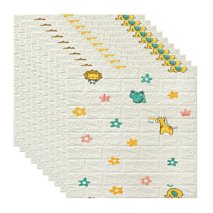 Set 10 Placi Tapet 3D, Vivimall, 70 x 77 cm, Grosime 3 mm, din Polietilena, Tip Caramida, Model Animalute si Floricele, Suprafata acoperita 5.3 mp, Alb - vivimall.ro