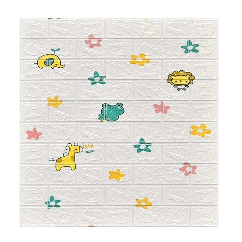 Set 10 Placi Tapet 3D, Vivimall, 70 x 77 cm, Grosime 3 mm, din Polietilena, Tip Caramida, Model Animalute si Floricele, Suprafata acoperita 5.3 mp, Alb - vivimall.ro