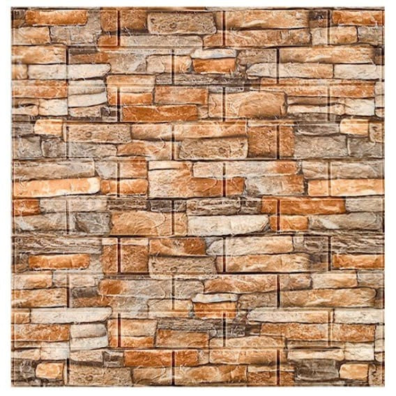 Set 10 Placi Tapet 3D, Vivimall, 70 x 77 cm, Grosime 3 mm, din Polietilena, Model Caramida, Suprafata acoperita 5.3 mp, Piatra Galbena - vivimall.ro