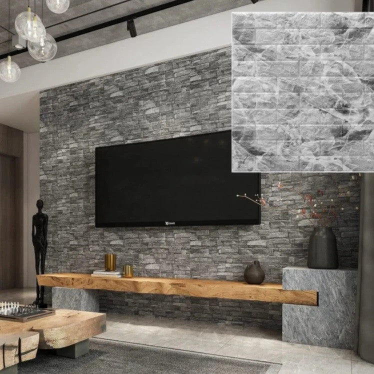 Set 10 Placi Tapet 3D, Vivimall, 70 x 77 cm, Grosime 3 mm, din Polietilena, Model Caramida, Suprafata acoperita 5.3 mp, Marmura Gri - vivimall.ro