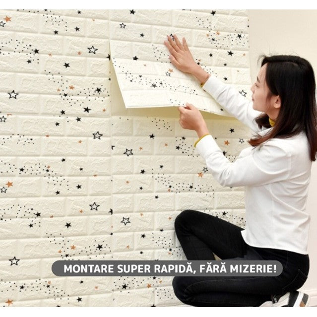 Set 10 Placi de Tapet, Vivimall, Autoadezive, 70 x 77 cm, Suprafata Acoperita 5.3 mp, din PVC, Model Stelute Albastre, Alb - vivimall.ro