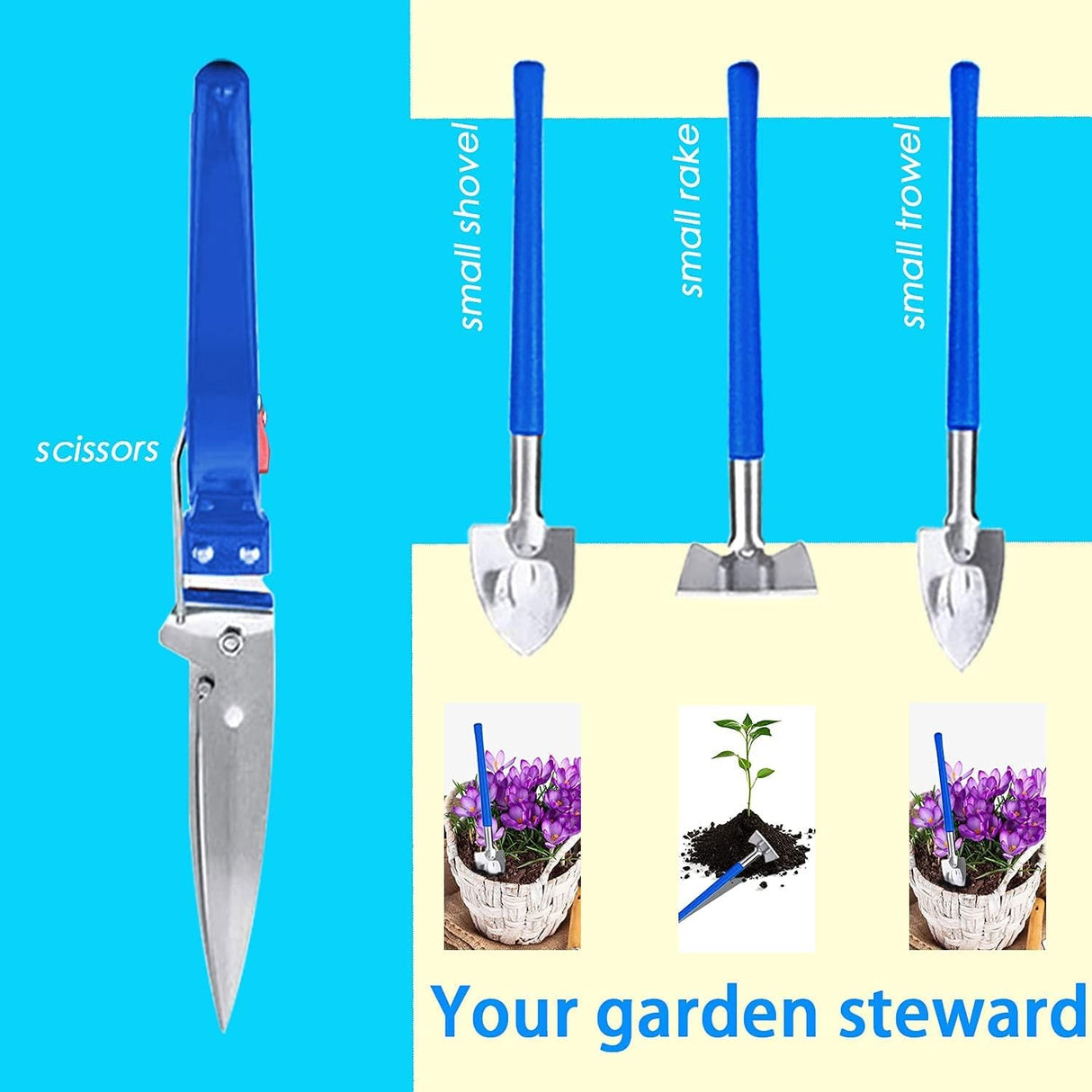 Set 10 Unelte de Gradina, Vivimall, pentru Plantare Prelucrare Sol si Ingrijire Plante, Manere Albastre, Material PVC si Otel Inoxidabil, Cutie Inclusa, 37x28x7 cm, Negru - vivimall.ro