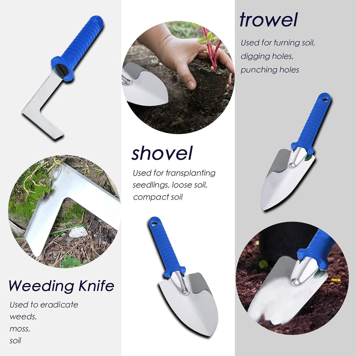 Set 10 Unelte de Gradina, Vivimall, pentru Plantare Prelucrare Sol si Ingrijire Plante, Manere Albastre, Material PVC si Otel Inoxidabil, Cutie Inclusa, 37x28x7 cm, Negru - vivimall.ro