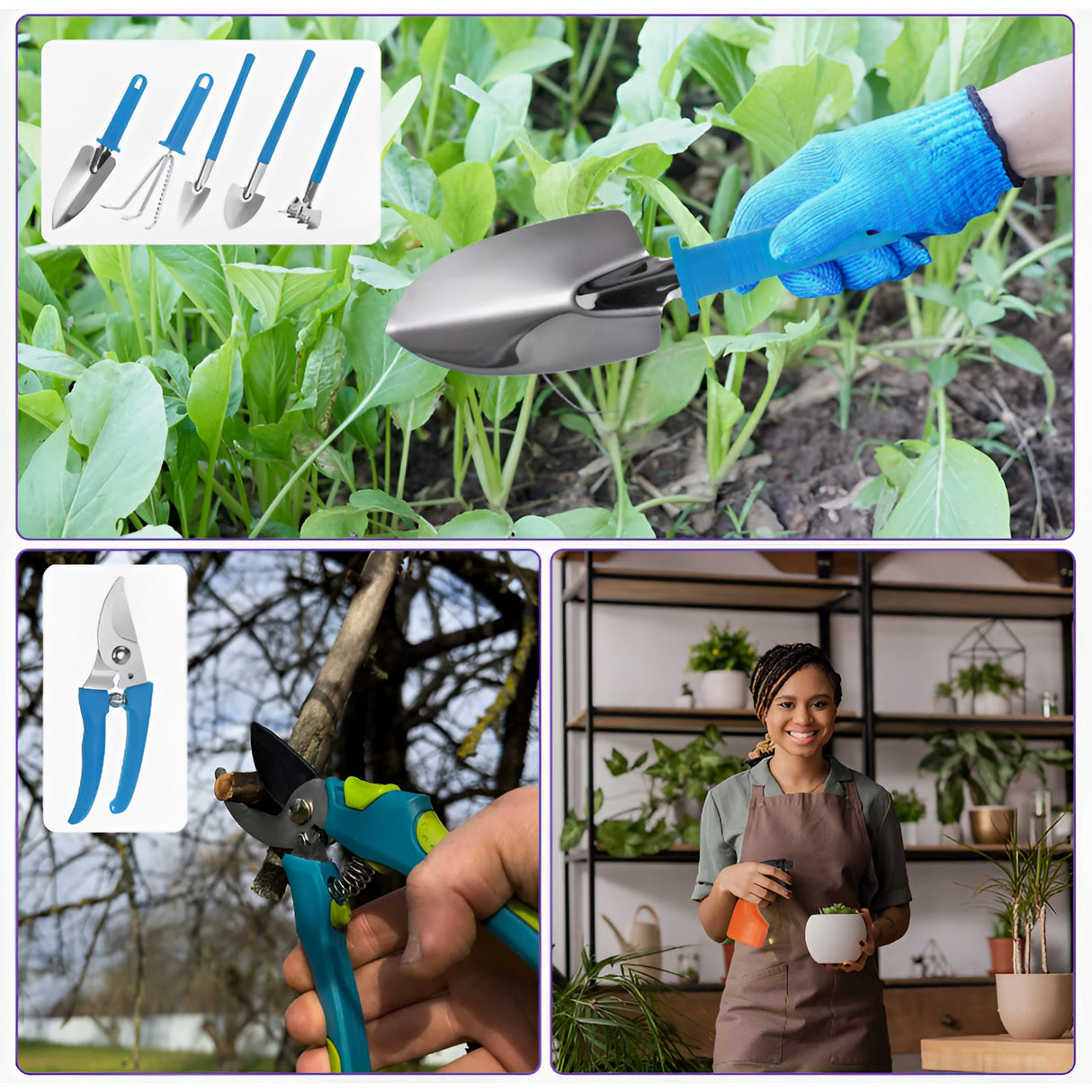 Set 10 Unelte De Gradina, Pentru Plantare Prelucrare Sol Si Ingrijire Plante, Manere Albastre, Material Pvc Si Otel Inoxidabil, Cutie Inclusa, 37X28X7 Cm, Negru - vivimall.ro