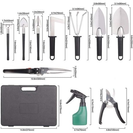 Set 10 Unelte de Gradina, Vivimall, pentru Plantare Prelucrare Sol si Ingrijire Plante, Manere Negre, Material PVC si Otel Inoxidabil, Cutie Inclusa, 37x28x7 cm, Negru - vivimall.ro