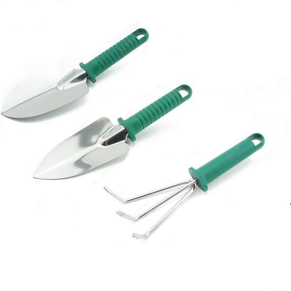 Set 10 Unelte de Gradina, Vivimall, pentru Plantare Prelucrare Sol si Ingrijire Plante, Manere Verzi, Material PVC si Otel Inoxidabil, Cutie Inclusa, 37x28x7 cm, Negru - vivimall.ro