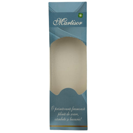 Detaliu cutie carton albastră pentru mărțișor, model decorativ Primăvară, față și interior