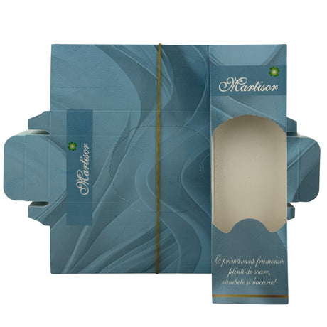 Set 100 cutii carton albastre pentru mărțișoare și brose, model Primăvară, vedere de ansamblu