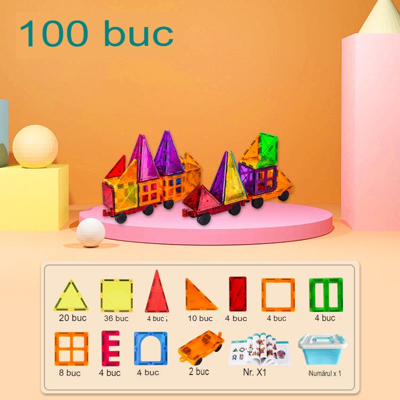 100-piece magnetic building block set, Vivimall, magnetic bricks, large, geometric shapes, 3 years old, ABS, magnets, 27.5*21.5*17 cm, multi-color - vivimall.ro