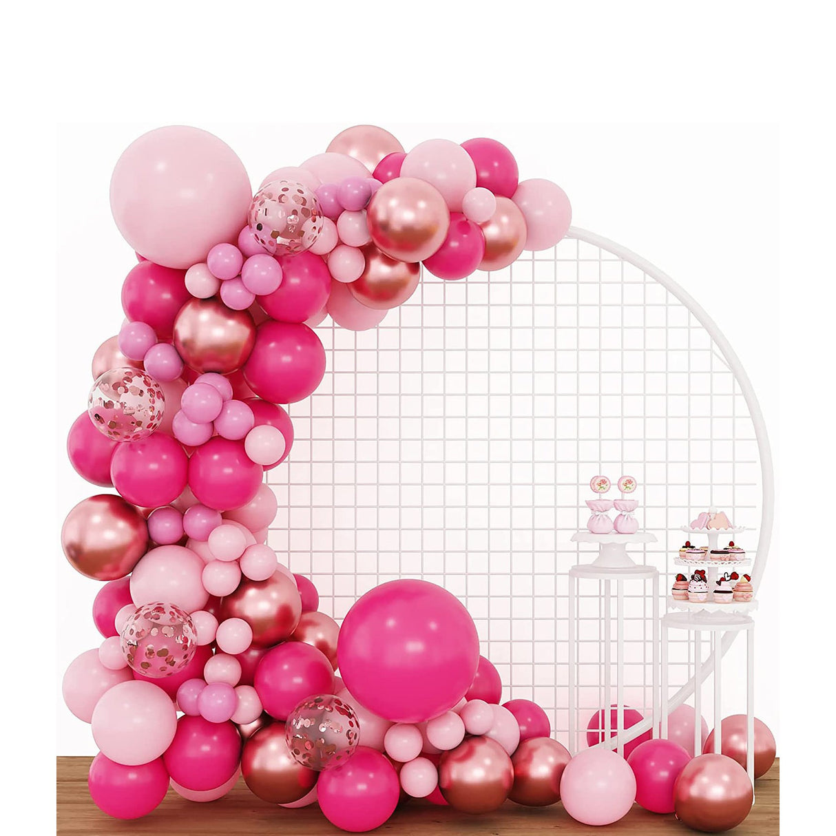 Set 126 Baloane din Latex, Vivimall, Model Petrecere pentru Arcada, Baloane Party, 12 cm, 25 cm, 30 cm, 45 cm, Roz, Roz Pal, Gold - vivimall.ro