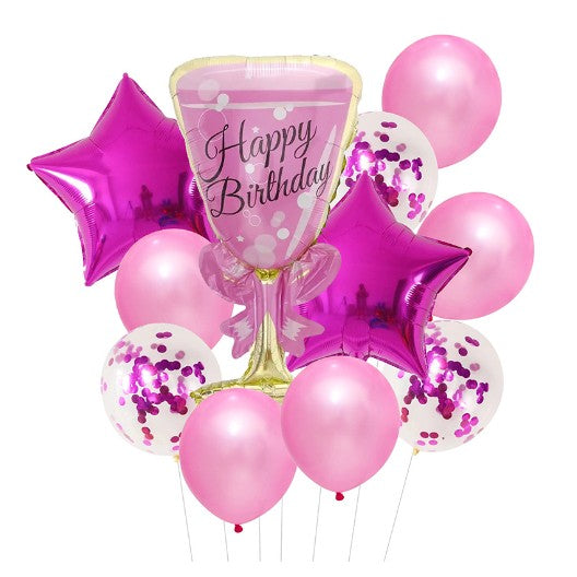 Set baloane Happy Birthday, Vivimall, set din 11 bucati, Balon Pahar 93 cm, 2 baloane stea 45 cm, 5 baloane latex 30 cm, 3 baloane cu paiete 30 cm, Mov - vivimall.ro