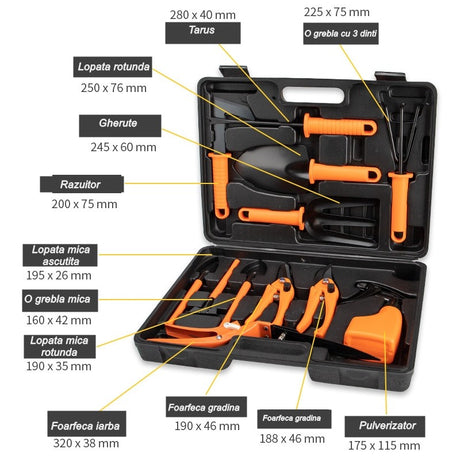 Set 12 accesorii pentru gradinarit Vivimall, geanta depozitare inclusa, otel inoxidabil, 37 x 27 cm, portocaliu - vivimall.ro