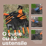 Set 12 accesorii pentru gradinarit Vivimall, geanta depozitare inclusa, otel inoxidabil, 37 x 27 cm, portocaliu - vivimall.ro