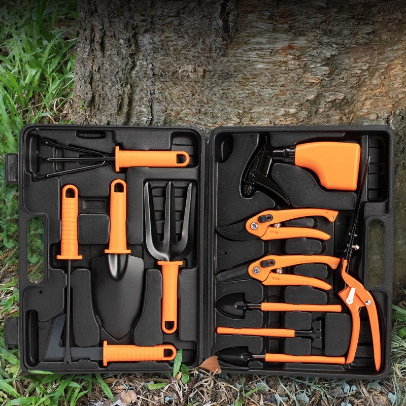 Set 12 accesorii pentru gradinarit Vivimall, geanta depozitare inclusa, otel inoxidabil, 37 x 27 cm, portocaliu - vivimall.ro