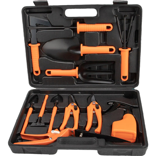 Set 12 accesorii pentru gradinarit Vivimall, geanta depozitare inclusa, otel inoxidabil, 37 x 27 cm, portocaliu - vivimall.ro