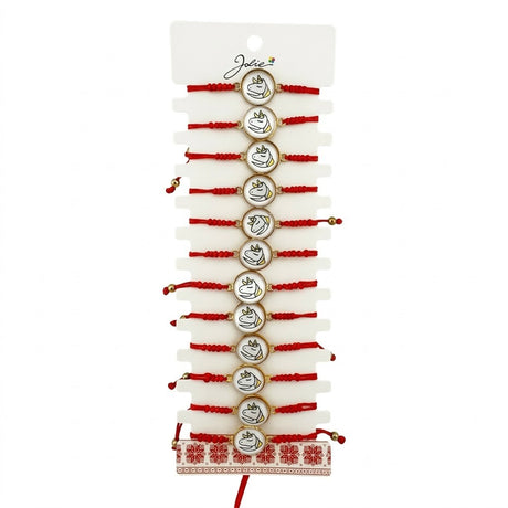Brățară mărțișor Jolie model unicorn, set 12 bucăți, pandantiv auriu multicolor și șnur roșu împletit