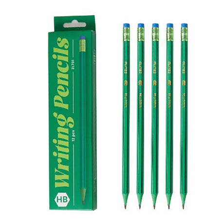 Set 12 Creioane Negre, Vivimall, HB, pentru Scoala, cu Radiera, Model Verde-Albastru, 19 cm - vivimall.ro