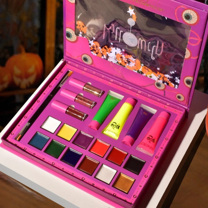 Set Produse de Pictat Fata, KEVIN & COCO, Halloween, 12 culori, 3 Rujuri, 4 Tuburi Vopsea, 25.5 x 20.5 x 2.6 cm, Multicolor - vivimall.ro