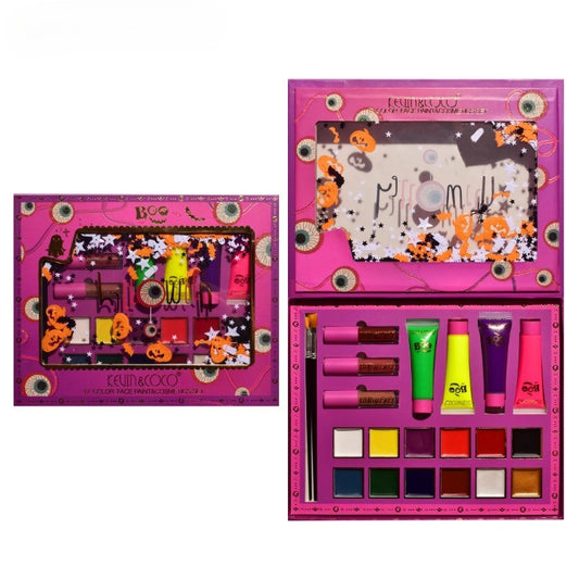 Set Produse de Pictat Fata, KEVIN & COCO, Halloween, 12 culori, 3 Rujuri, 4 Tuburi Vopsea, 25.5 x 20.5 x 2.6 cm, Multicolor - vivimall.ro