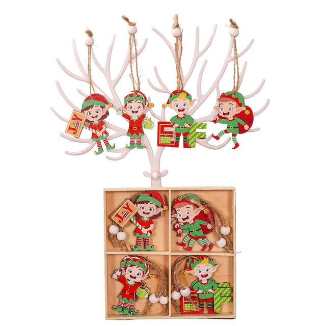 Set 12 Decoratiuni de Craciun din Lemn, Vivimall, cu Snur pentru Agatare in Brad, Model Elfi Diferite Dimensiuni, 4 Modele, Multicolor - vivimall.ro