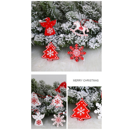 Set 12 Decoratiuni de Craciun din Lemn, Vivimall, cu Snur pentru Agatare in Brad, Model Reni si Fulgi de Nea, Alb-Rosu - vivimall.ro