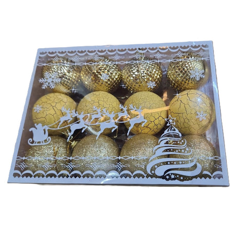 Set 12 Globuri de Craciun, Vivimall, pentru Brad, Model cu Glitter, Lucioase si Mate, Auriu - vivimall.ro