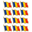 Set 12 insigne tricolor România din metal auriu cu email, dimensiune 20x20 mm, vedere de ansamblu