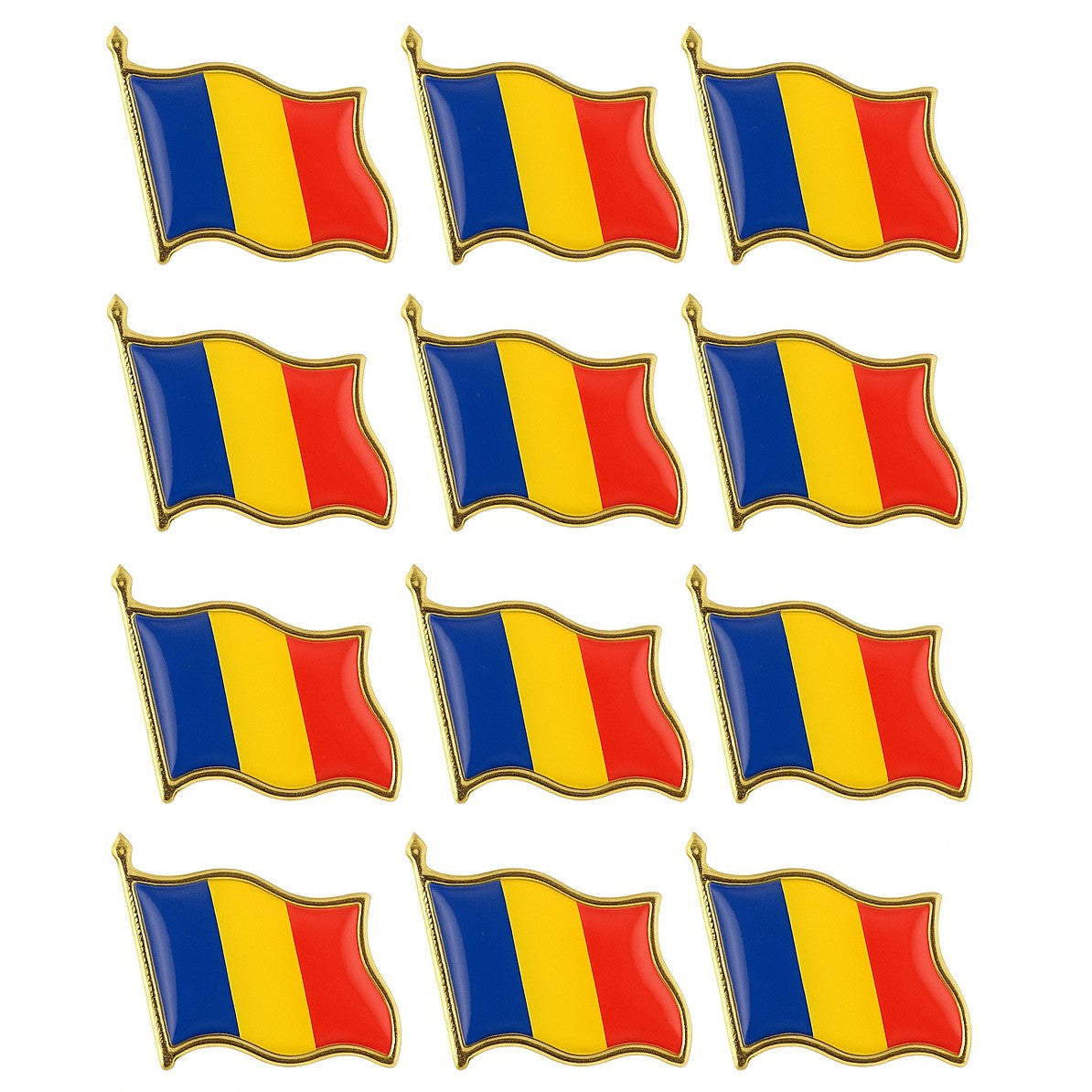 Set 12 Insigne Steag Tricolor Romania, Flippy, Model Brosa cu Ac de Siguranta, 20x20 mm - vivimall.ro