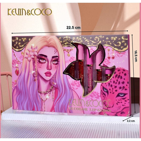 Set 12 Lip Gloss Kevin&Coco, nuante de rosu, rose, nude, roz, cutie dreptunghiulara, 26.5x16.5x2.2 cm, 200 g, multicolor - vivimall.ro