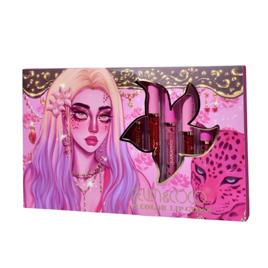 Set 12 Lip Gloss Kevin&Coco, nuante de rosu, rose, nude, roz, cutie dreptunghiulara, 26.5x16.5x2.2 cm, 200 g, multicolor