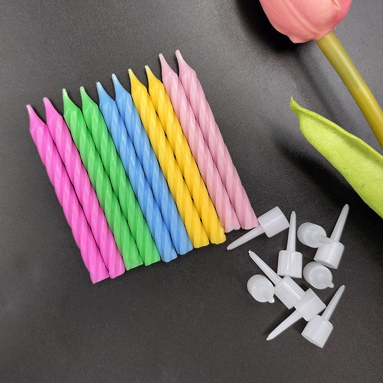 Set 12 Lumanari de Tort, Vivimall, Model Spirala cu Suport, Party, 6.5 cm, din Parafina, Multicolor - vivimall.ro