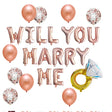 Set baloane decorative Will You Marry Me, 12 piese latex și folie, nuanță Rose Gold, balon inel inclus, vedere frontală ansamblu