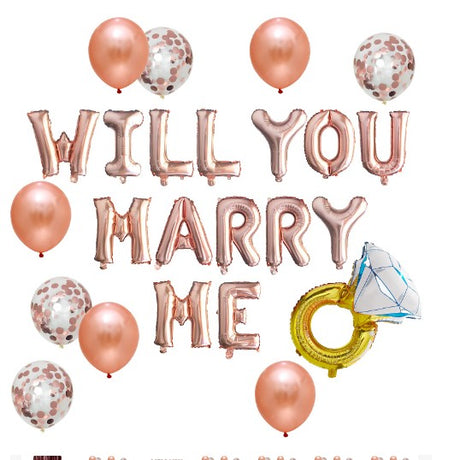 Set baloane decorative WILL YOU MARRY ME, Vivimall, set din 12 piese, 10 baloane latex, 1 set Marry me, 1 balon folie inel, Rose Gold - vivimall.ro