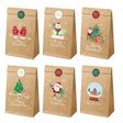 Set 12 pungi cadou Crăciun din hârtie kraft maro, vedere de ansamblu cu stickere decorative incluse