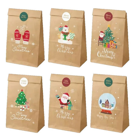 Set 12 Pungi de Cadou, Flippy, Tema Craciun, 12 Stickere Incluse, 22 x 12 x 8 cm, din Hartie, Maro - vivimall.ro