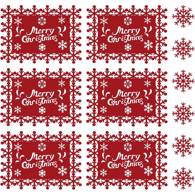 Set 12 Servete pentru Masa si Suporturi de Pahare/Tacamuri, Vivimall, Scris Merry Christmas, 6 Servete 25x35 cm, 6 Suporturi de 10x10 cm, Rosu - vivimall.ro