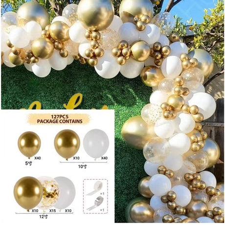 Baloane pentru Arcada decorativa, Vivimall, Set 127 baloane din Latex, Model Petrecere pentru Arcada, Baloane Party, 12 cm, 25 cm, 30 cm, Alb Gold - vivimall.ro