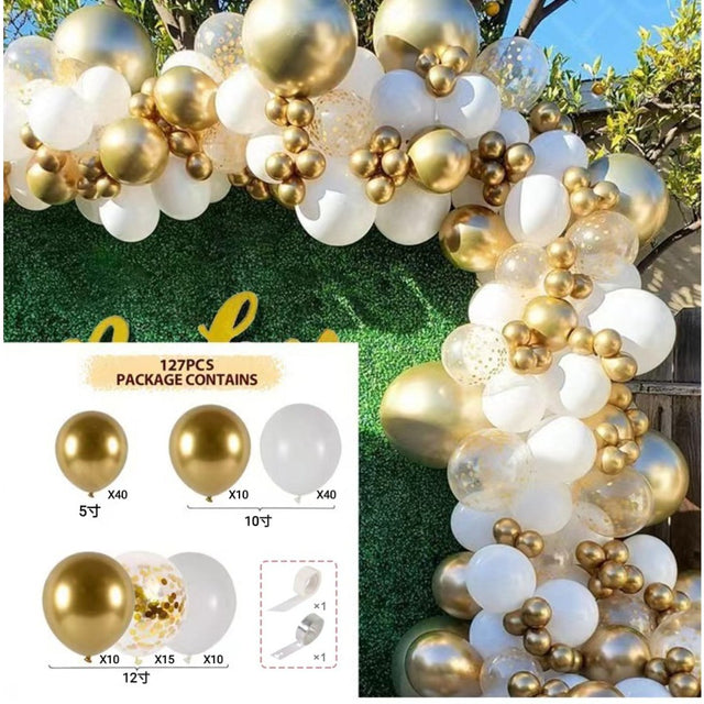 Baloane pentru Arcada decorativa, Vivimall, Set 127 baloane din Latex, Model Petrecere pentru Arcada, Baloane Party, 12 cm, 25 cm, 30 cm, Alb Gold - vivimall.ro