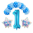 Set 13 baloane prima aniversare albastru: 10 baloane latex, 2 baloane stea folie și cifra 1 din folie, vedere de ansamblu
