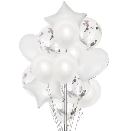 14 db-os metál fólia és latex lufi készlet, csillag és szív figurák 45 cm, ​​latex lufik 30 cm, csokor motívum, egyedi csomagolás, szívószállal, felfújható levegővel vagy héliummal,