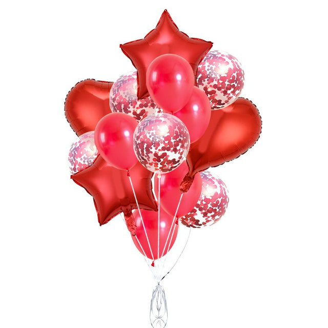 Set 14 Baloane din Folie Metalizată si din Latex, Vivimall, Figurine Stea si Inima 45 cm, Baloane Latex 30 cm, Tema Buchet, Ambalaj Individual, Pai Inclus, Umflare cu Aer sau Heliu, Rosu - vivimall.ro