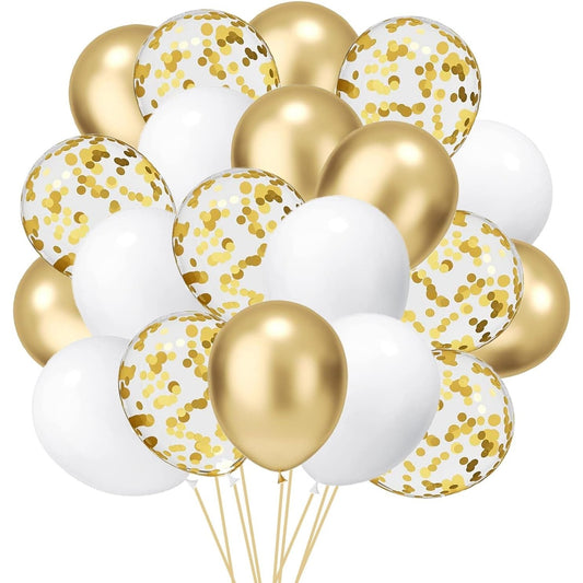 Set 16 Baloane din Latex, Vivimall, Model Party, 30 cm, Alb, Auriu, Transparent Confetti, 2.8 g - vivimall.ro